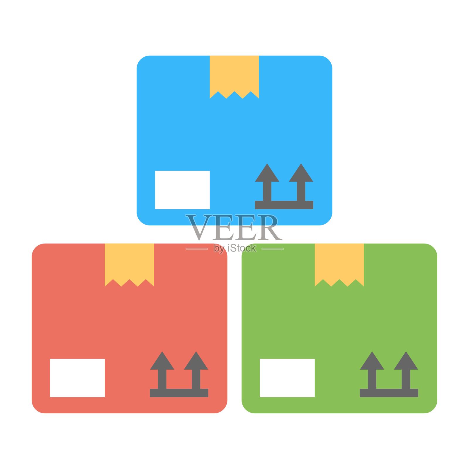 彩色的投递箱图标。运输包裹，货物箱图标。平的图标说明。图标素材