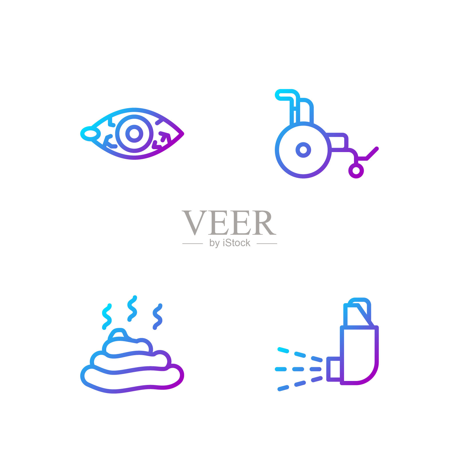 设置吸入器，大便，红眼和轮椅。渐变颜色图标。向量插画图片素材