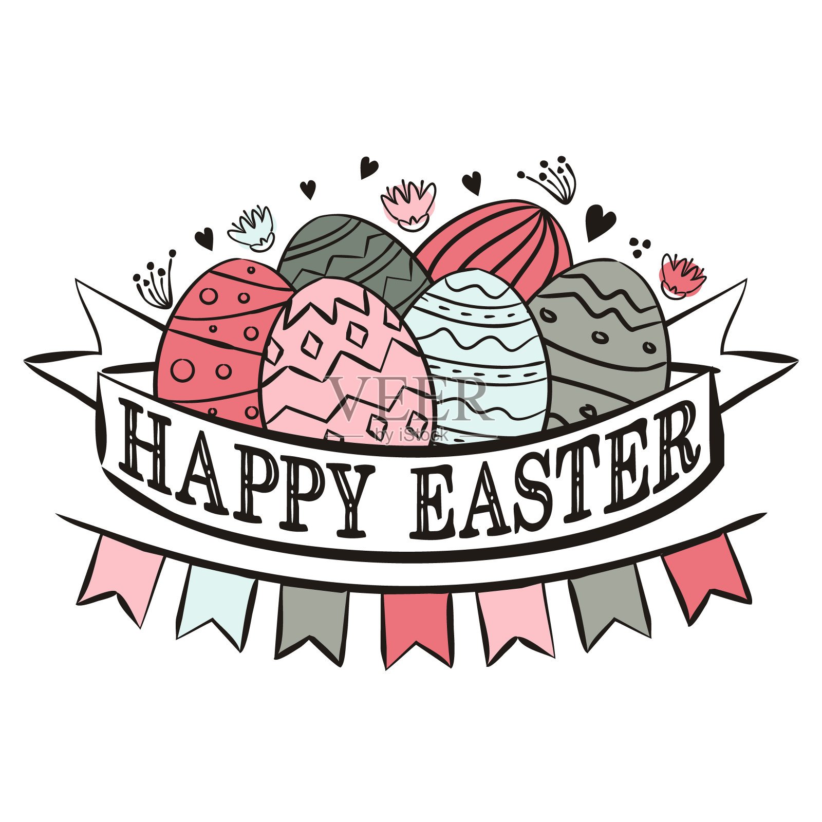 一篮子彩绘的复活节彩蛋，用丝带包裹着插画图片素材