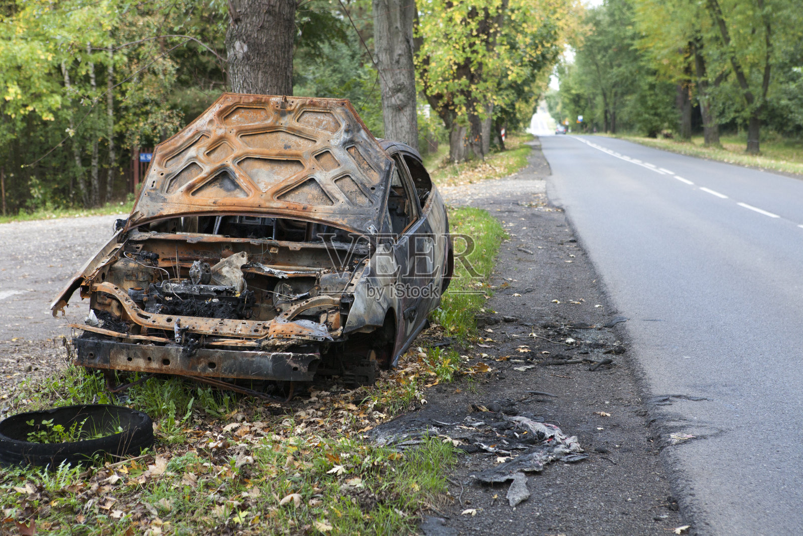 森林旁边一条繁忙的街道上有一处着火的地方照片摄影图片