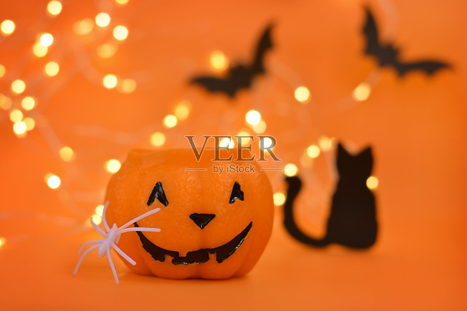 万圣节快乐!南瓜，蝙蝠，猫，蜘蛛在一个橙色的背景和一个发光的散焦背景。照片摄影图片
