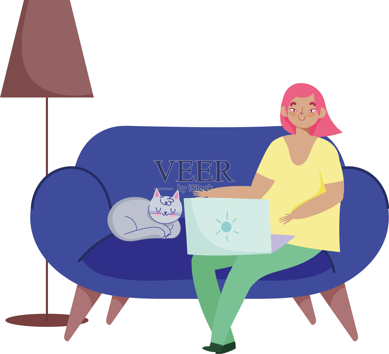 远程工作的年轻女人坐在沙发上设计元素图片