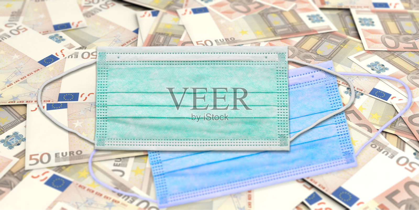 欧元钞票背景上的冠状病毒防护口罩。三维演示照片摄影图片