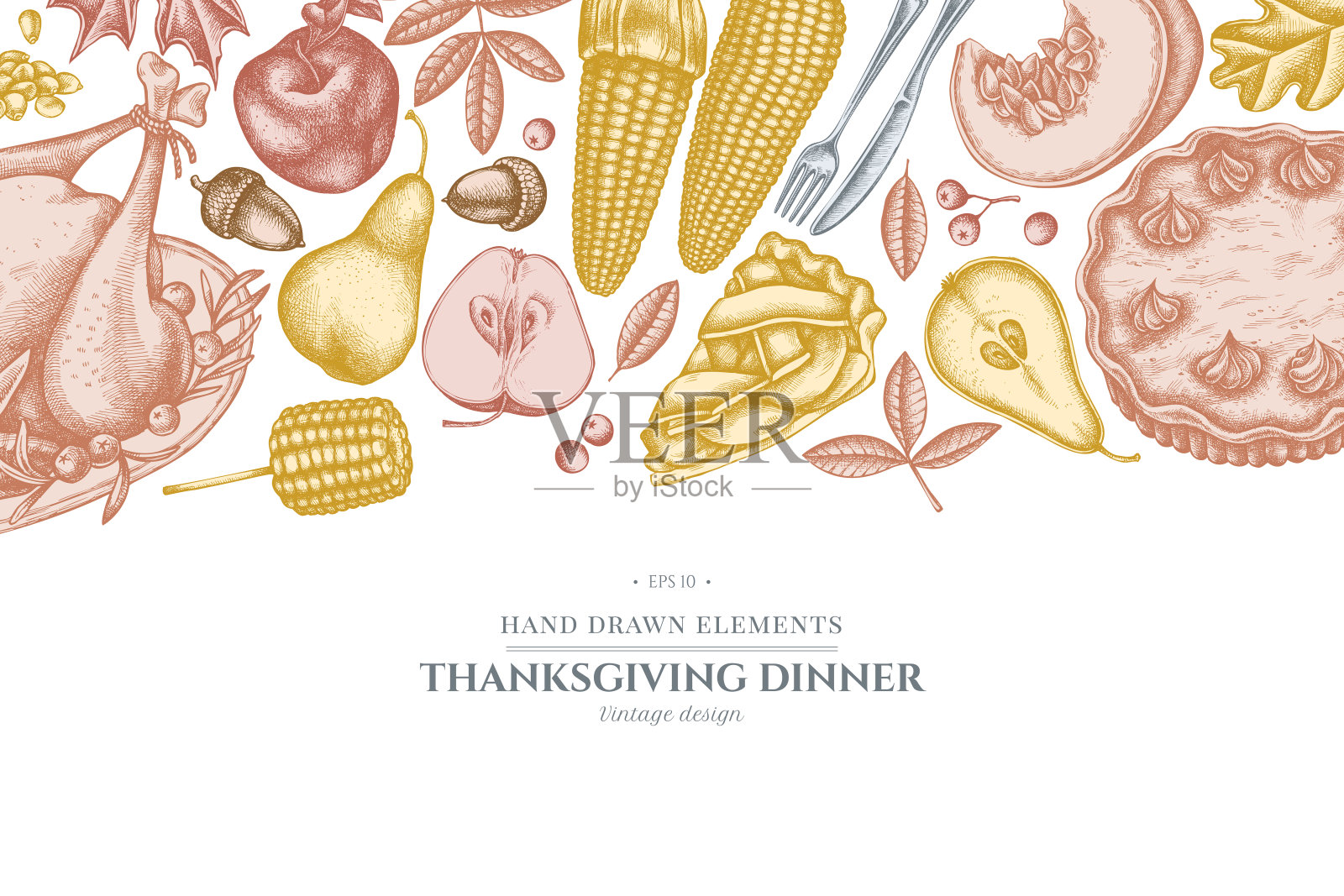 色彩柔和的南瓜，叉子，刀，梨，火鸡，南瓜派，苹果派，玉米，苹果，花楸，枫木，橡木设计模板素材