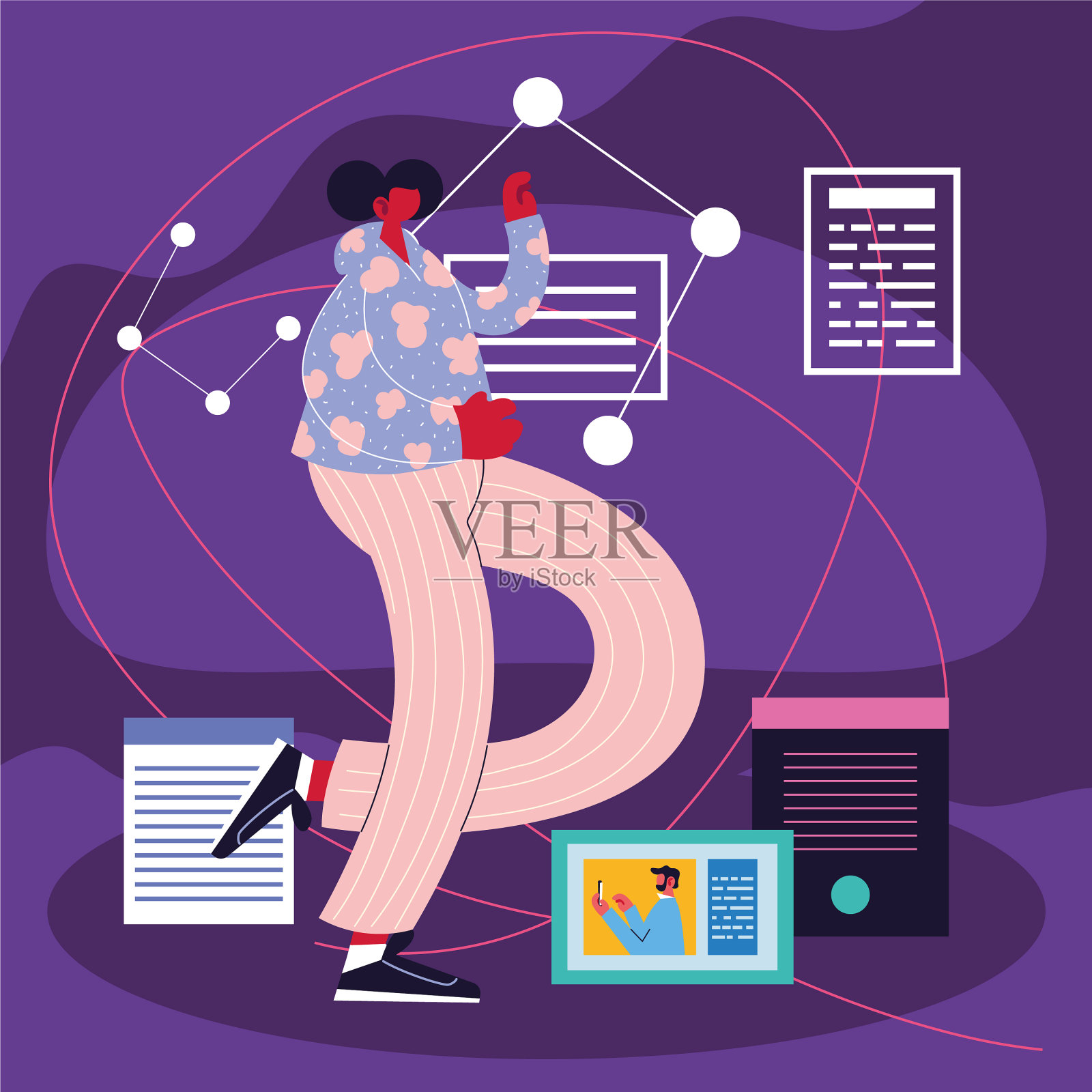 站在社交媒体图标前的女人插画图片素材