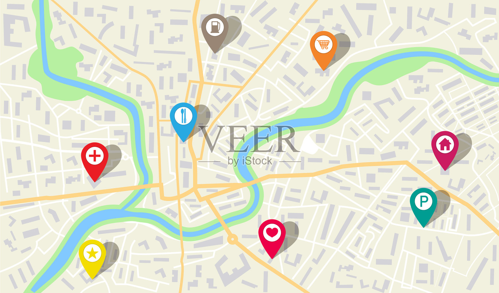 地图城市与GPS针方向标记插画图片素材