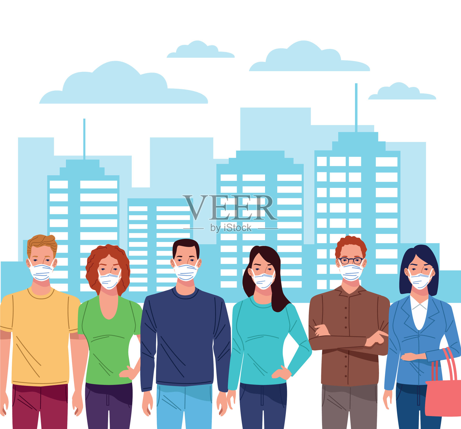使用面罩预防冠状病毒的人群插画图片素材