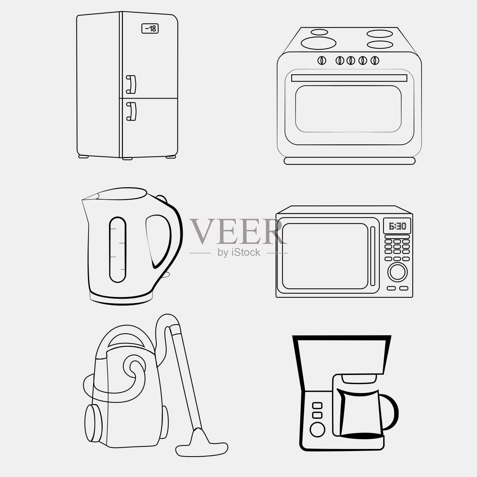 一组图标与家用电器在一个白色的背景。插画图片素材