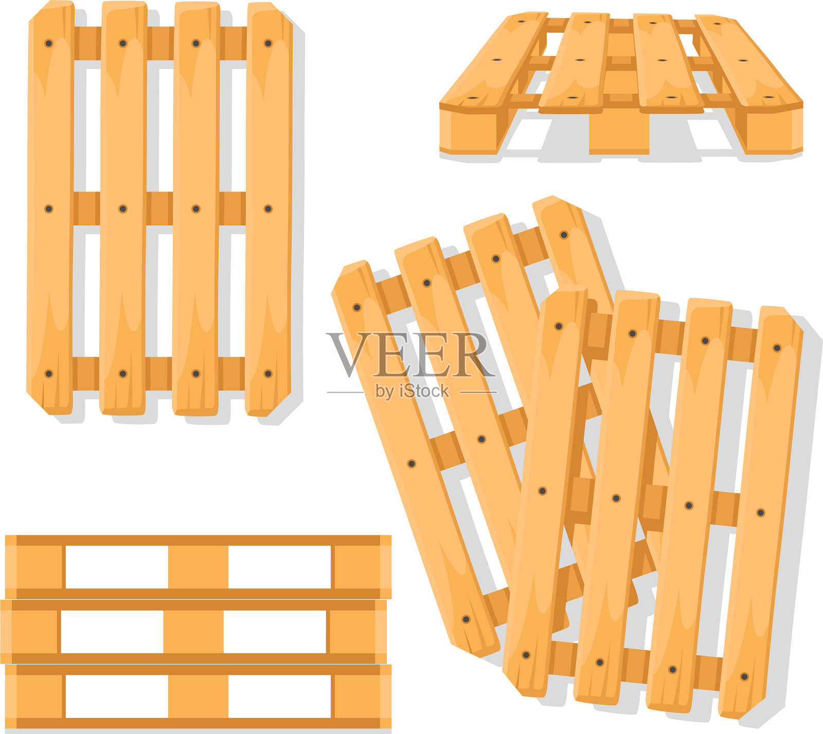 在白色上设置不同角度的木制托盘插画图片素材