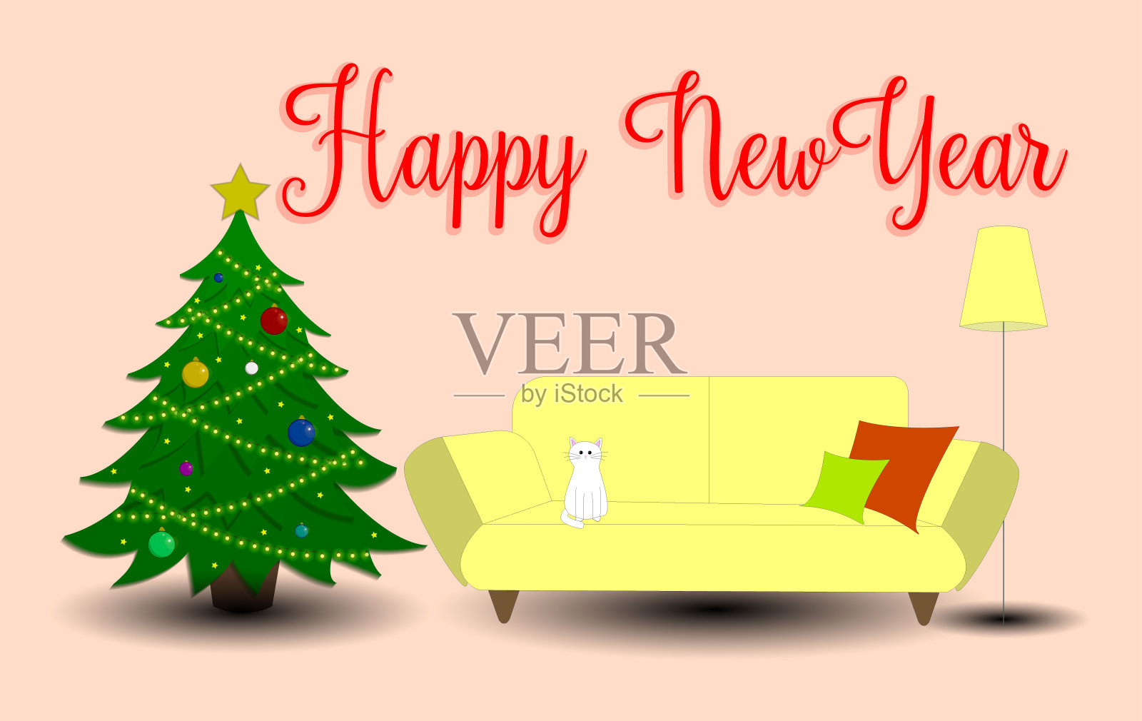 新年室内装饰：猫咪沙发和圣诞树矢量图设计模板素材