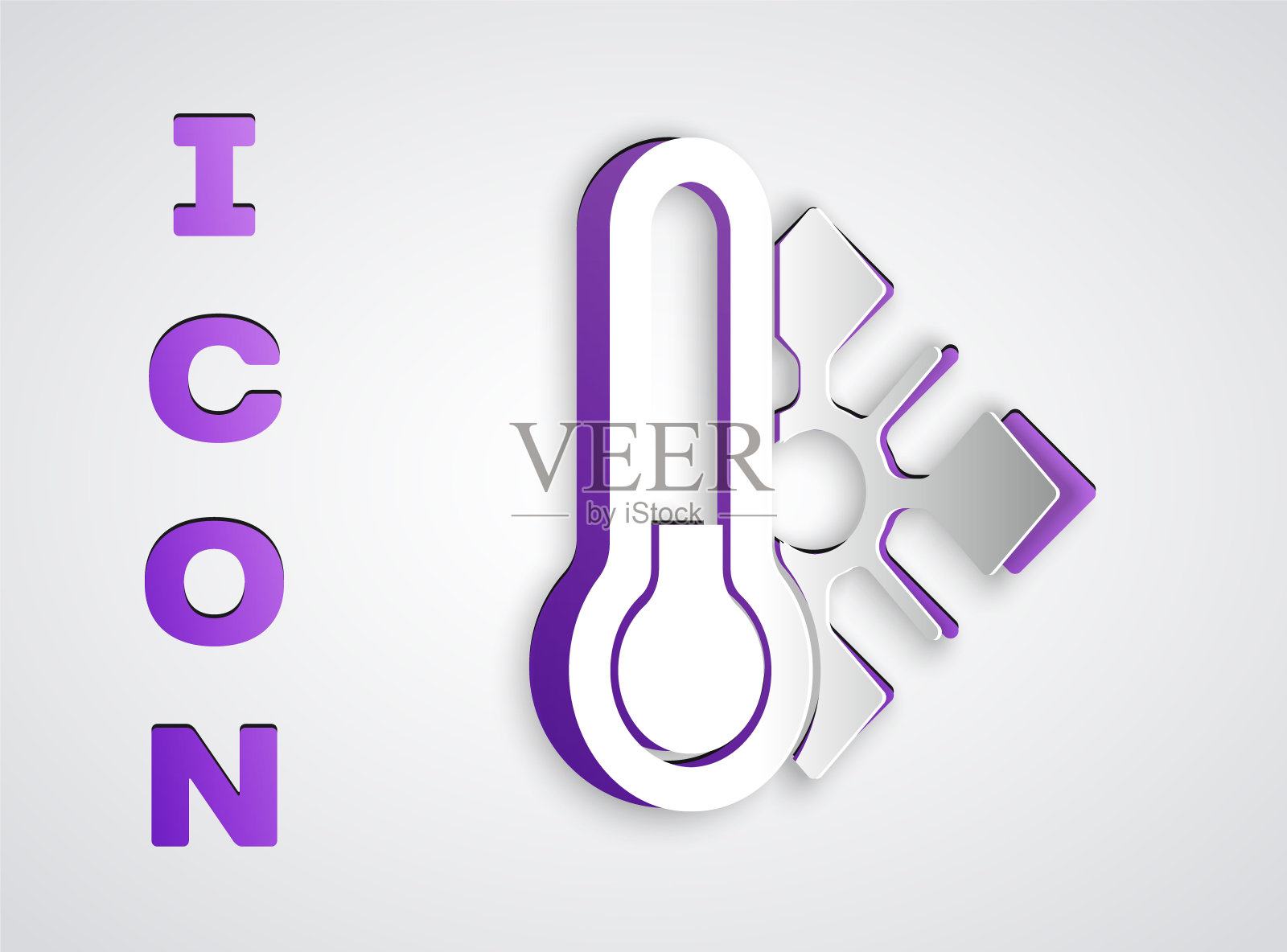 剪纸气象温度计测量图标孤立在灰色背景。显示冷热天气的温度计设备。纸艺术风格。向量图标素材