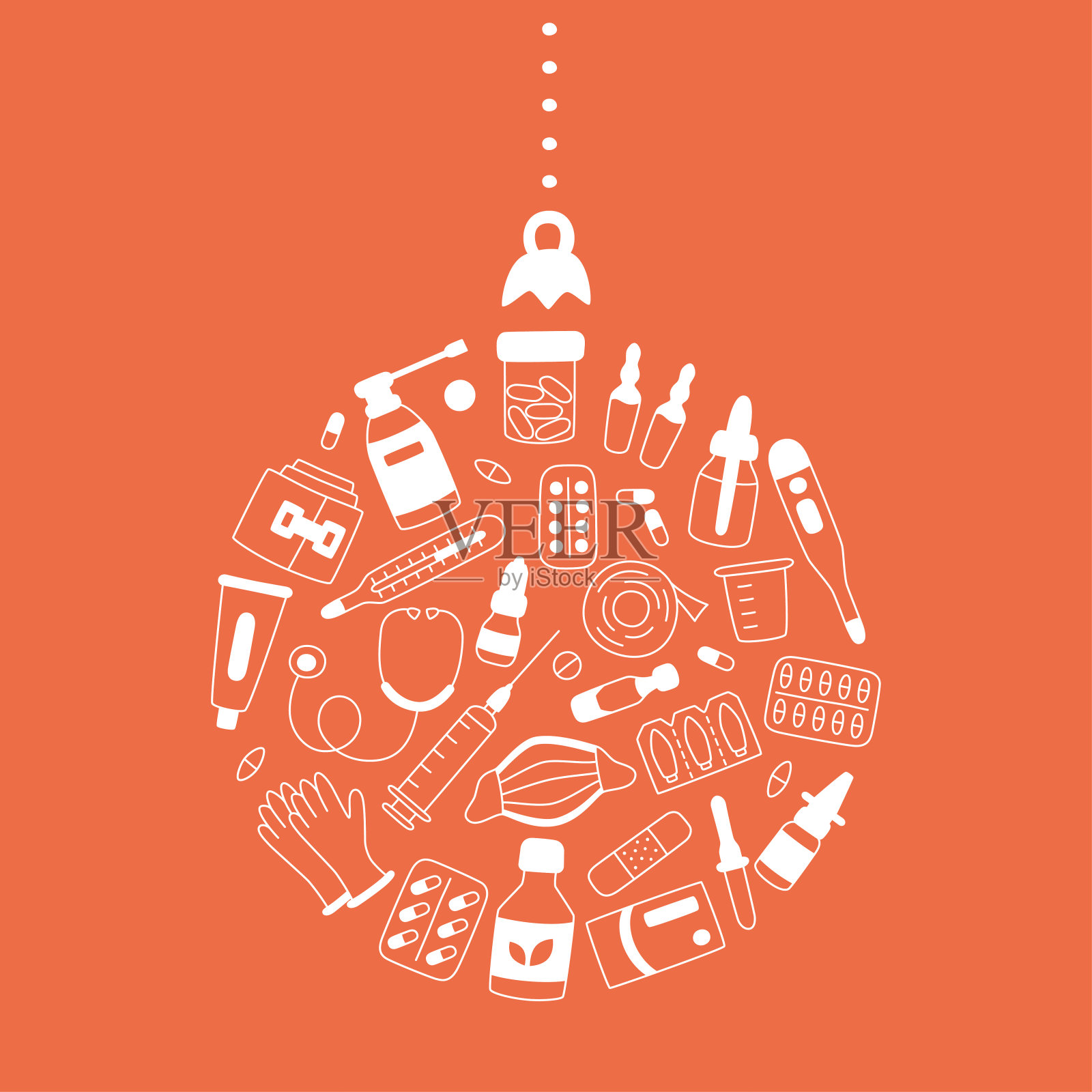 药、药、丸、药瓶和保健医疗元素的圣诞树球形状插画图片素材