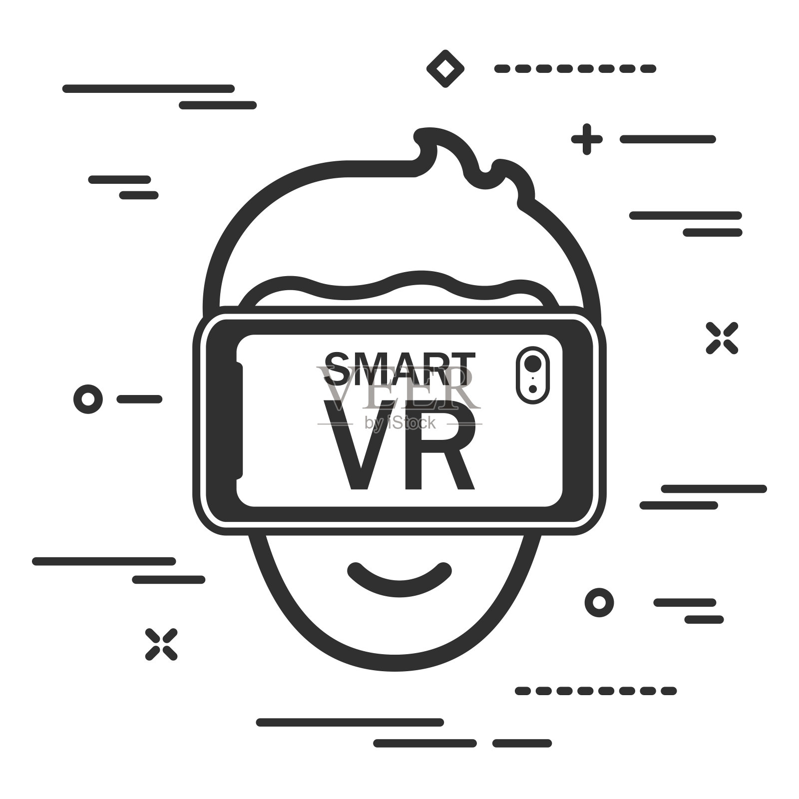 扁平图标的人在虚拟现实眼镜上的白色背部插画图片素材