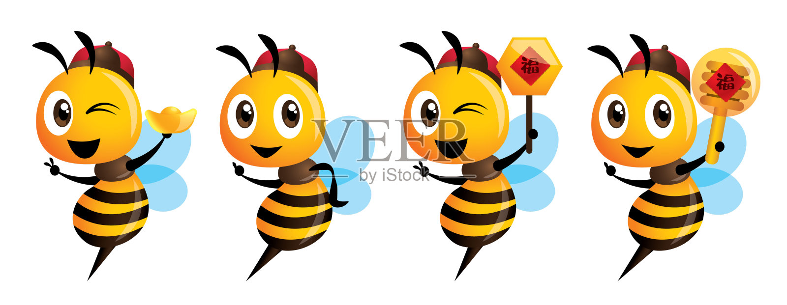 中国新年蜂集。卡通可爱的蜜蜂指向。可爱的蜜蜂抱着蜂窝。可爱的蜜蜂抱着花蜜勺与对联。翻译:幸运设计元素图片