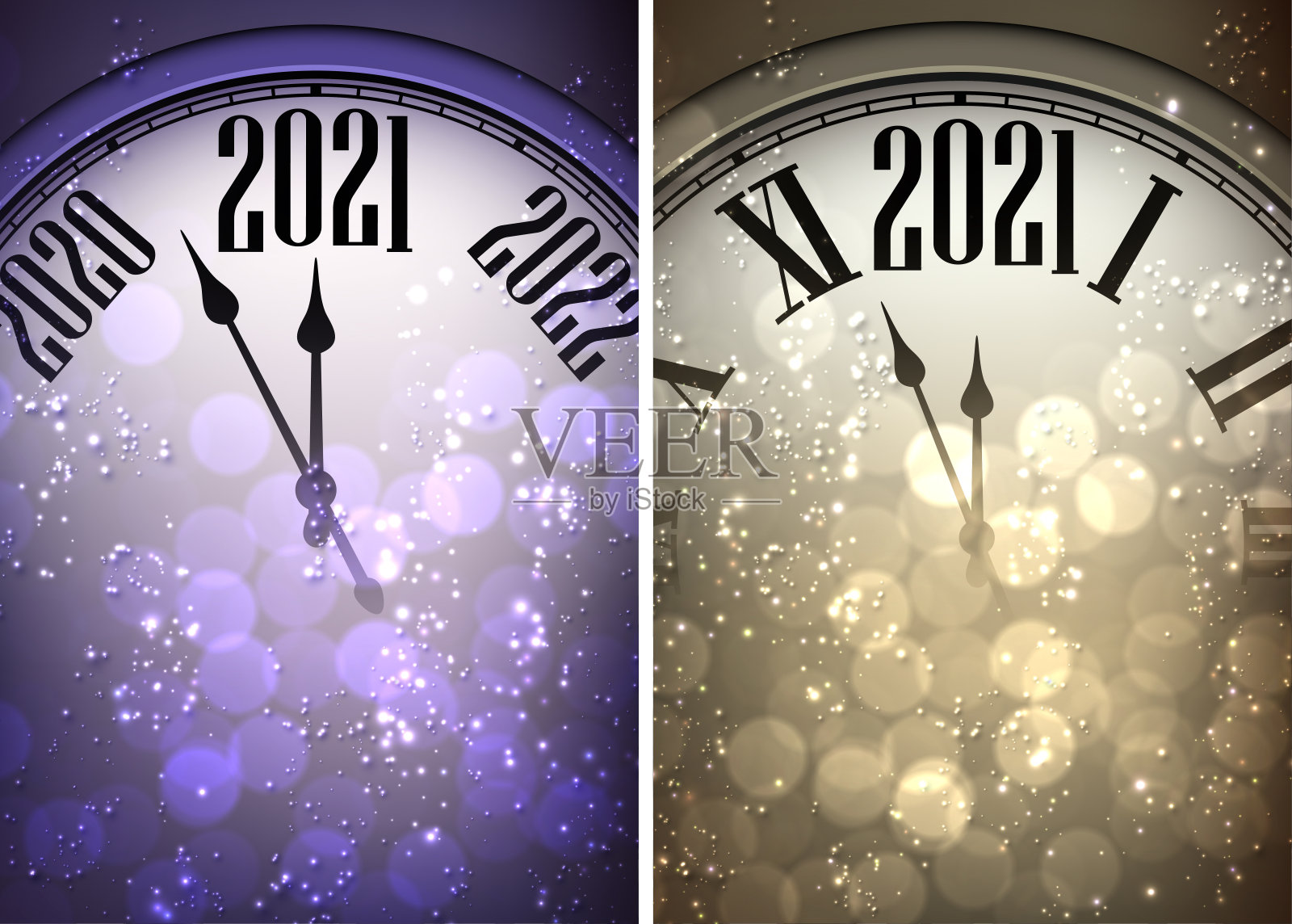 一组两个时钟显示2021年。插画图片素材