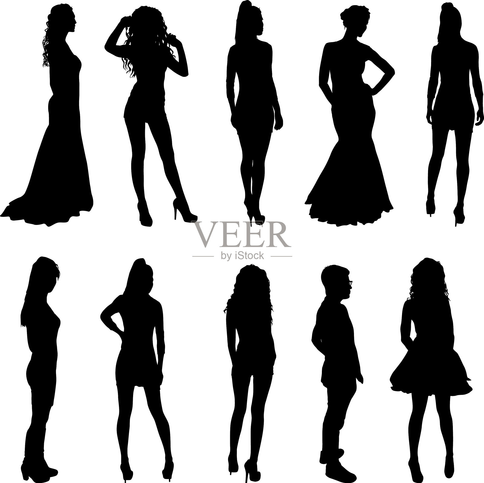 设置美丽的时尚女孩剪影在一个白色插画图片素材
