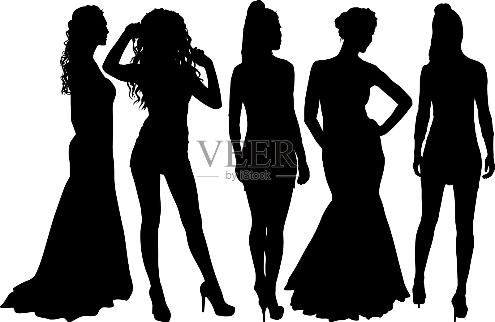 设置美丽的时尚女孩剪影在一个白色插画图片素材