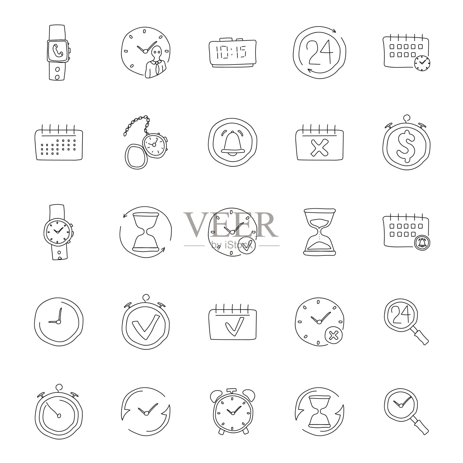 时间手绘线性涂鸦孤立的白色背景。时间图标设置为web和UI设计，移动应用程序和印刷产品图标素材