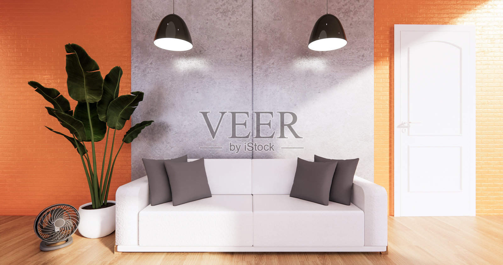 橙色阁楼房间，沙发和植物装饰木地板。三维渲染照片摄影图片