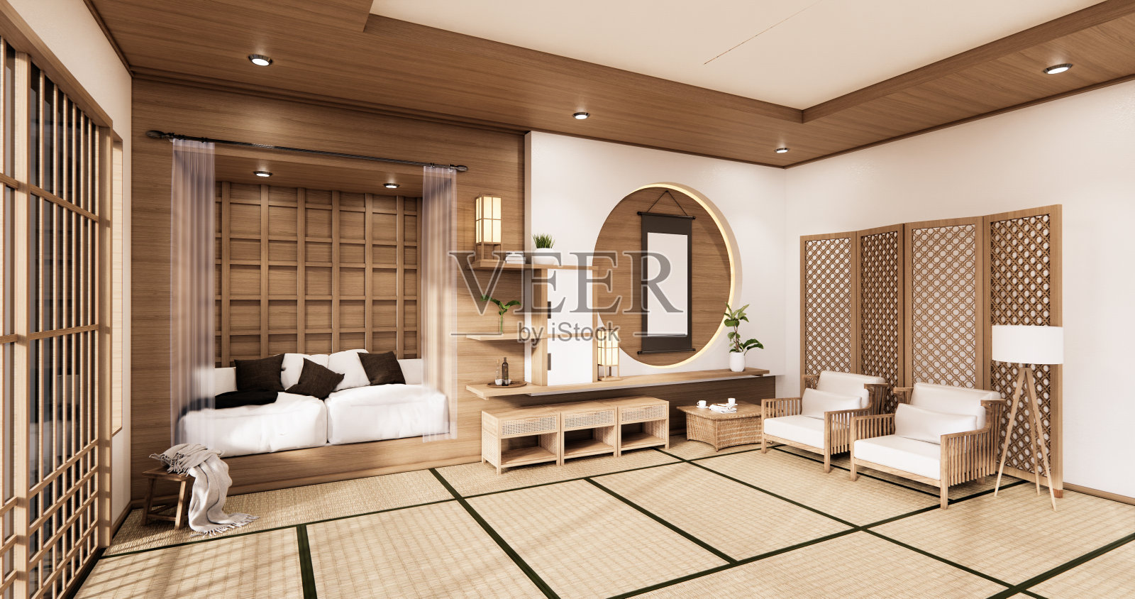 房间的圆墙设计具有日式禅宗风格，极简设计。三维渲染照片摄影图片