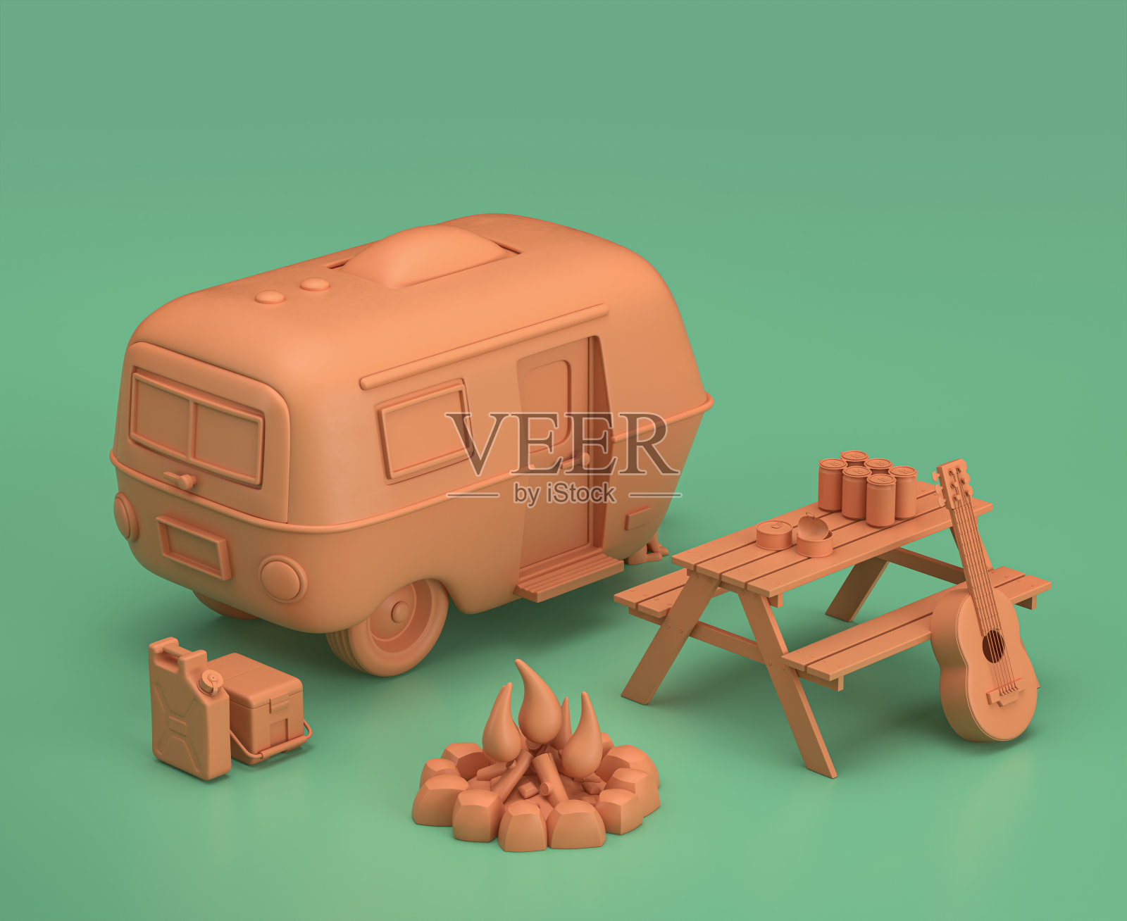 大篷车和野餐桌。等距露营对象和场景，单色黄色露营设备的绿色背景，3D渲染照片摄影图片