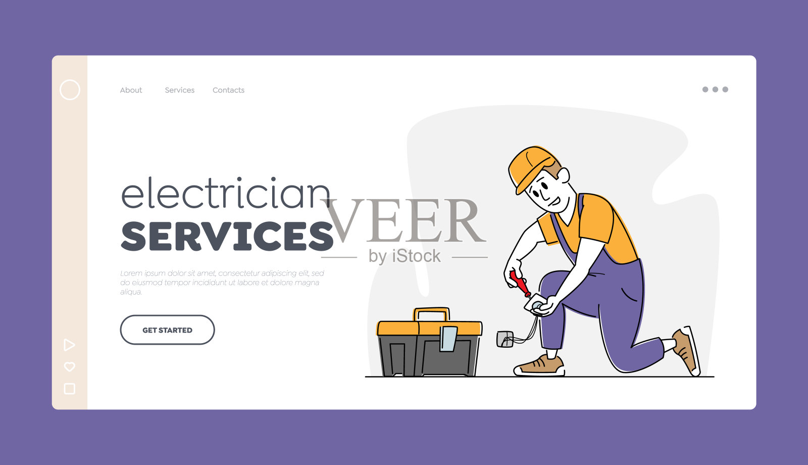 维修和维护服务着陆页模板。电工男字符修理插座。需要戴安全帽的大师插画图片素材