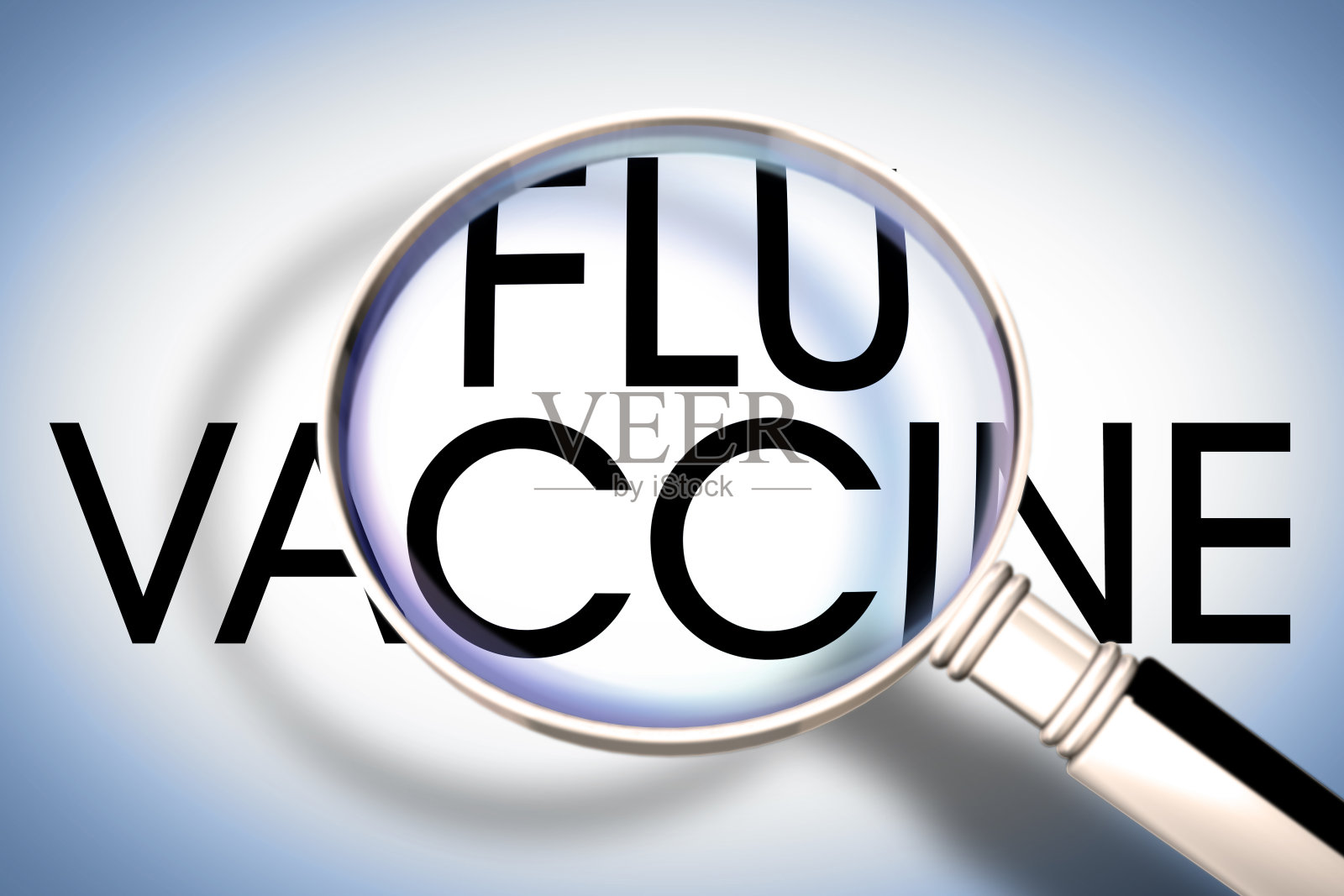 流感疫苗文字-透过放大镜看到的概念图像插画图片素材