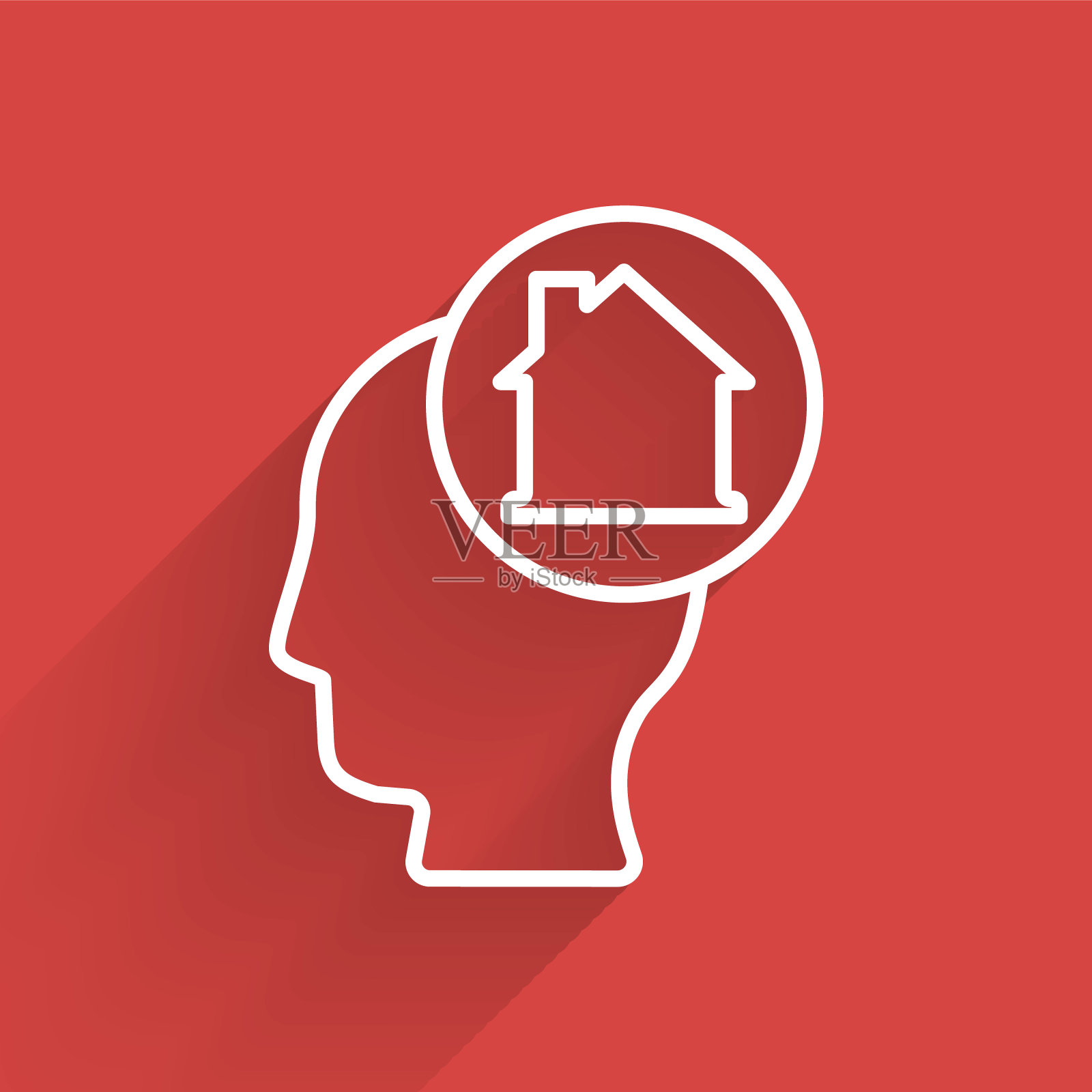 白线男人梦想着买一幢新房子，图标孤立着长长的影子。向量插画图片素材