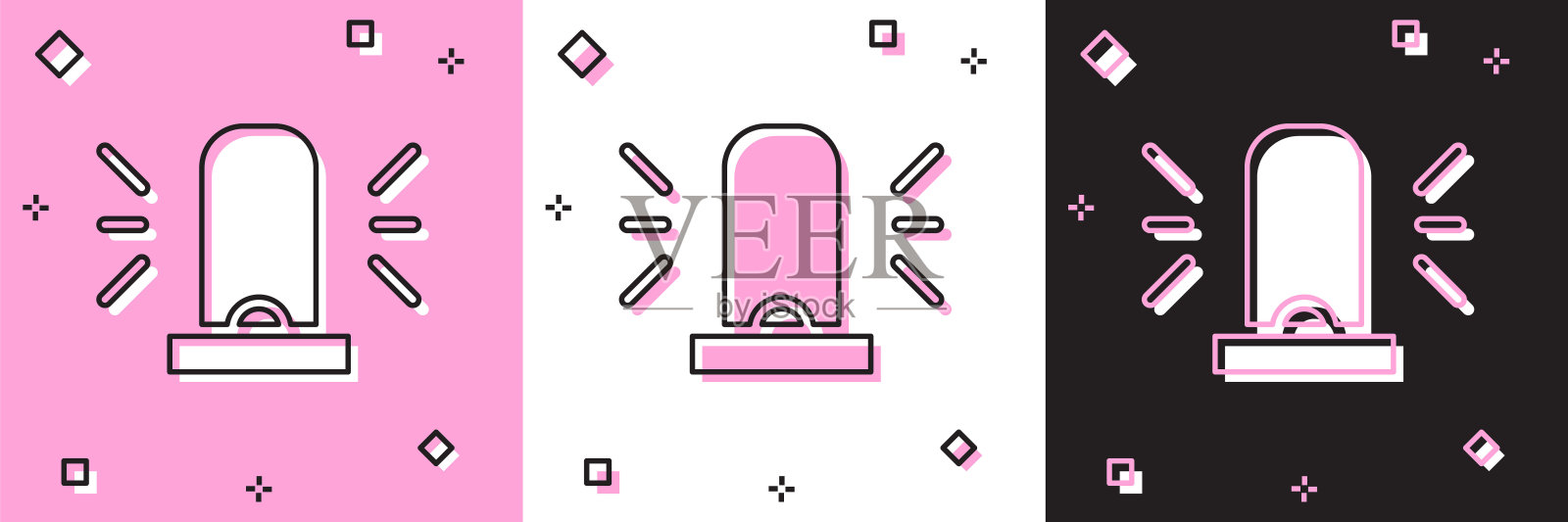 设置闪光警报器图标隔离在粉红色和白色，黑色背景。紧急闪光警报。向量插画图片素材