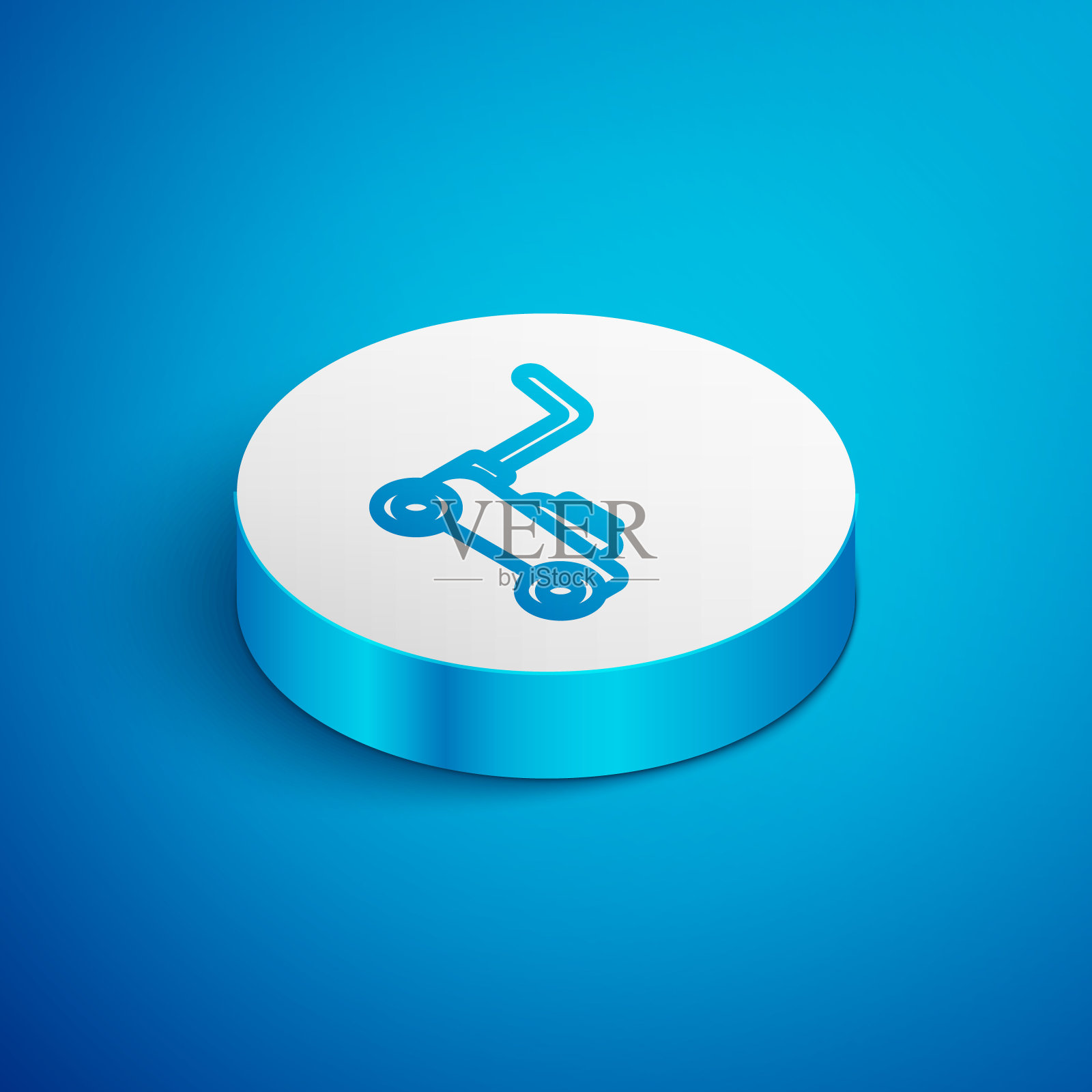 割草机图标隔离在蓝色背景。割草机正在割草。白色的圆按钮。向量插画图片素材