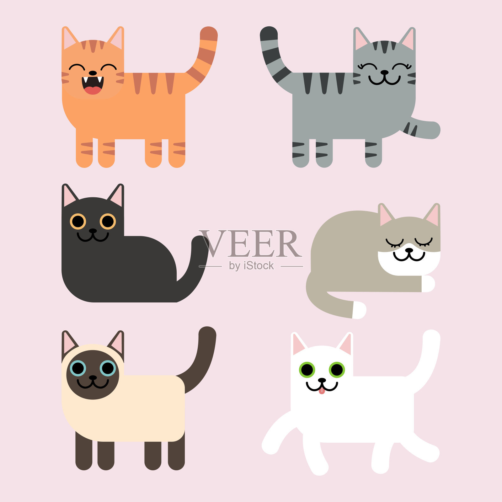 卡通猫简单现代几何，不同的猫角色设置，姿态和情绪。插画图片素材