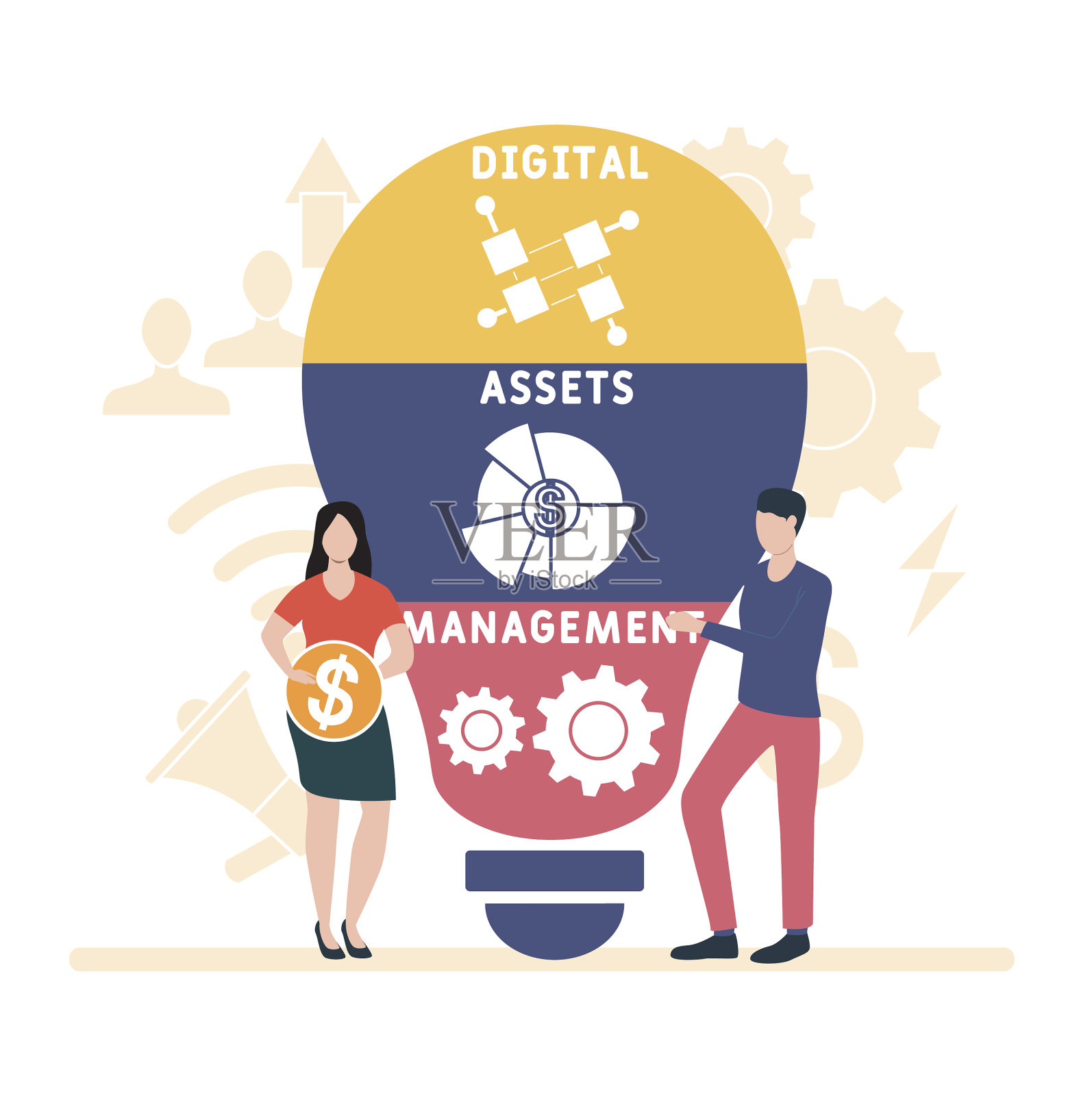 以人为本的平面设计。数字资产管理缩写。插画图片素材