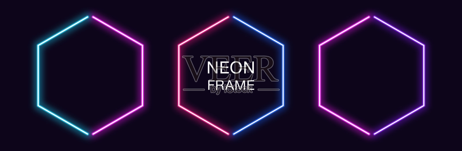 霓虹灯六边形框架。一套六角形霓虹边界在2轮廓部分。几何形状插画图片素材