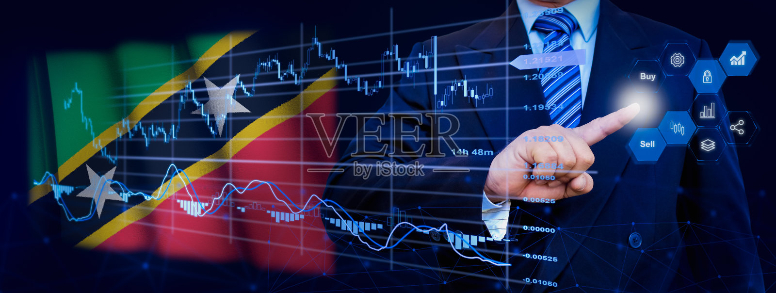 商人触摸数据分析处理系统，具有KPI财务图表，股票仪表盘和营销虚拟界面。背景是圣基茨和尼维斯的国旗。照片摄影图片