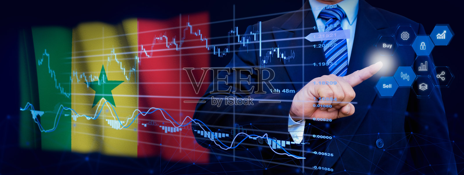 商人触摸数据分析处理系统，具有KPI财务图表，股票仪表盘和营销虚拟界面。背景是塞内加尔国旗。照片摄影图片