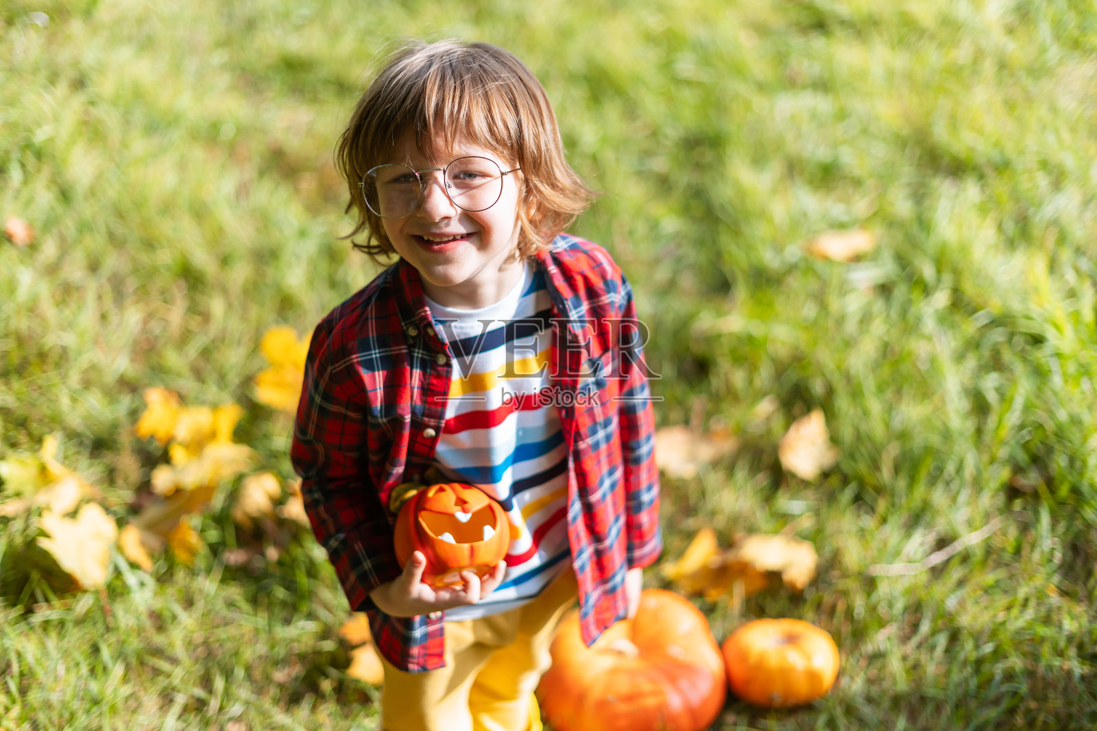 可爱的小男孩戴着眼镜在万圣节的秋天公园玩南瓜。孩子们不给糖就捣蛋。有趣的在秋天。打扮的孩子照片摄影图片