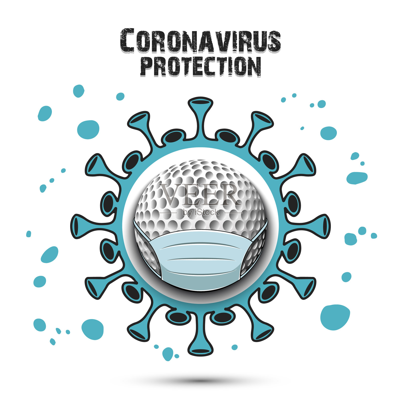 冠状病毒标志和带面罩的高尔夫球插画图片素材