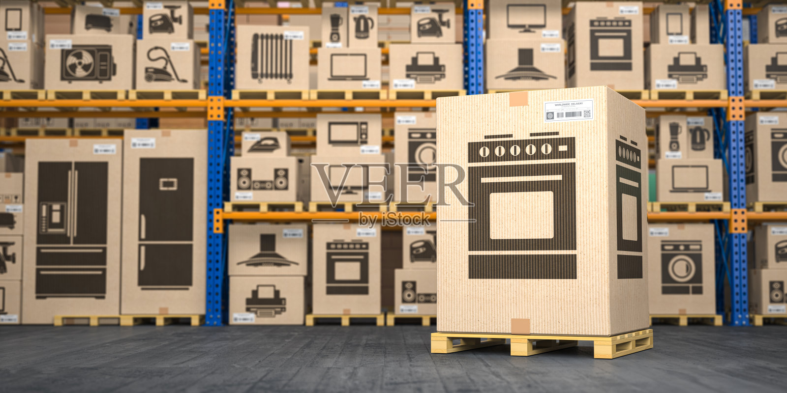 仓库内装有煤气灶的纸箱，盒子内装有家用电器和厨房电子产品。网上购物，购物配送理念。照片摄影图片