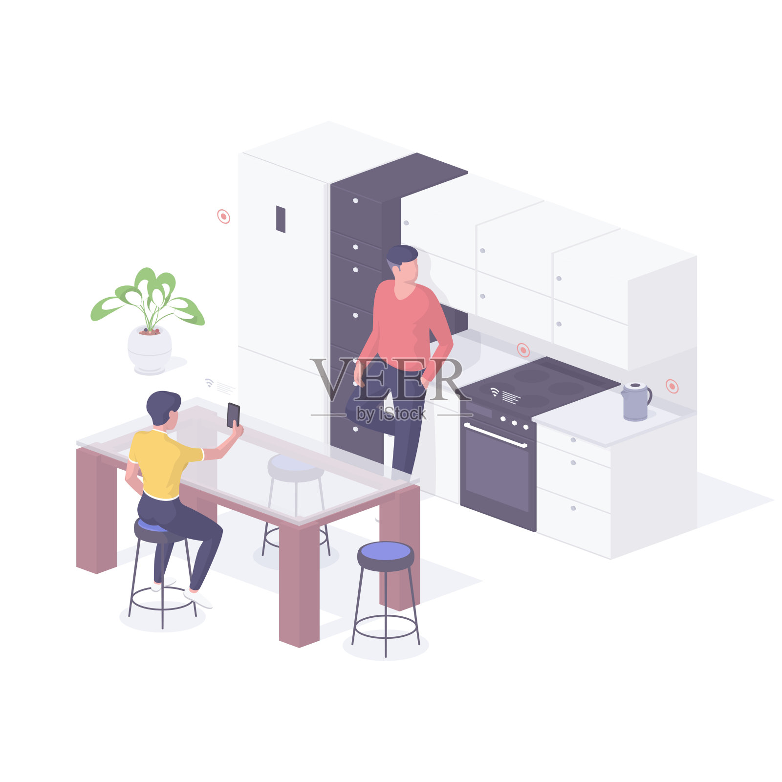 人们测试智能家居能力等距图。女性和男性角色在厨房打开检查工作。插画图片素材