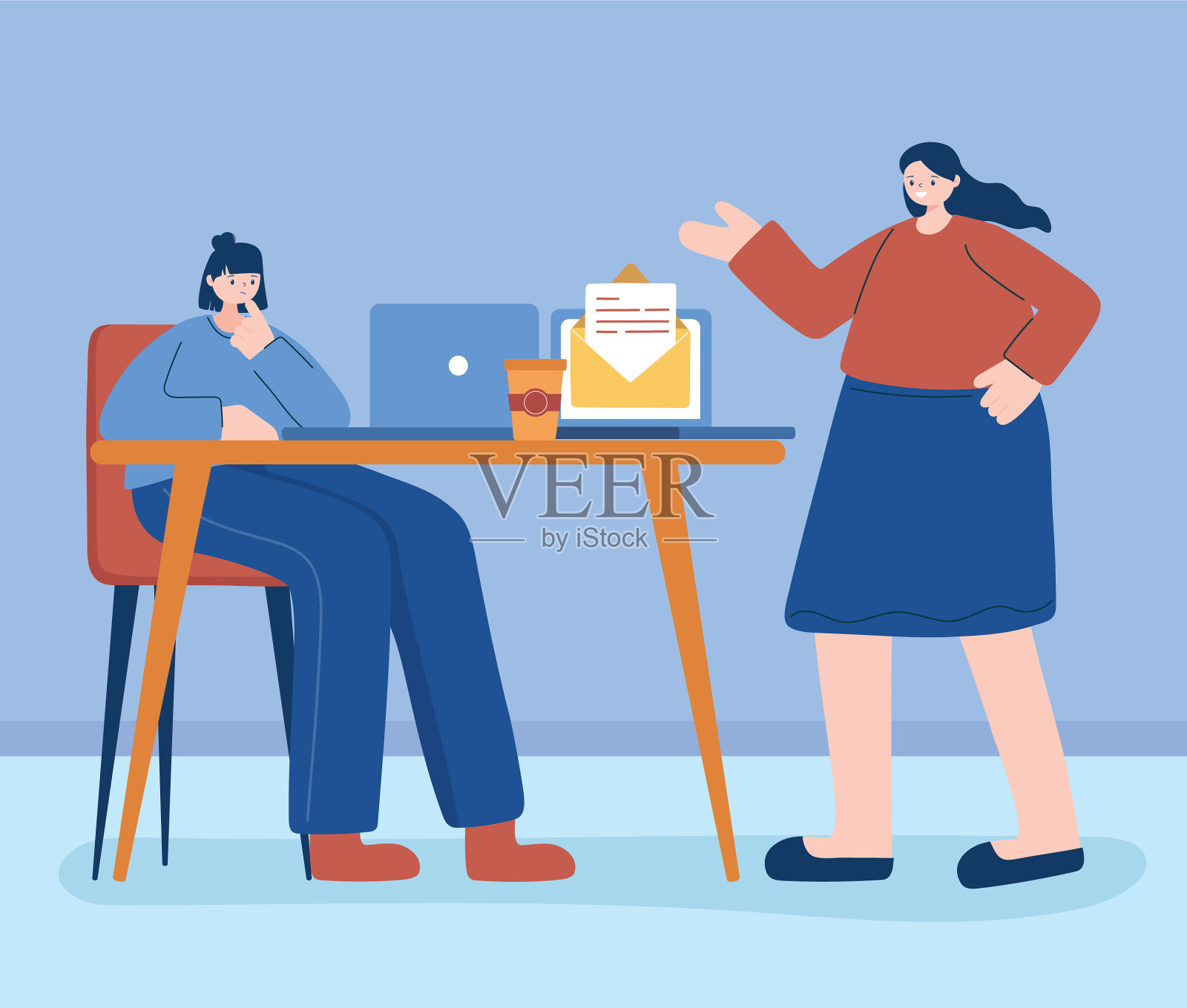 在办公桌上设计笔记本电脑的女性插画图片素材