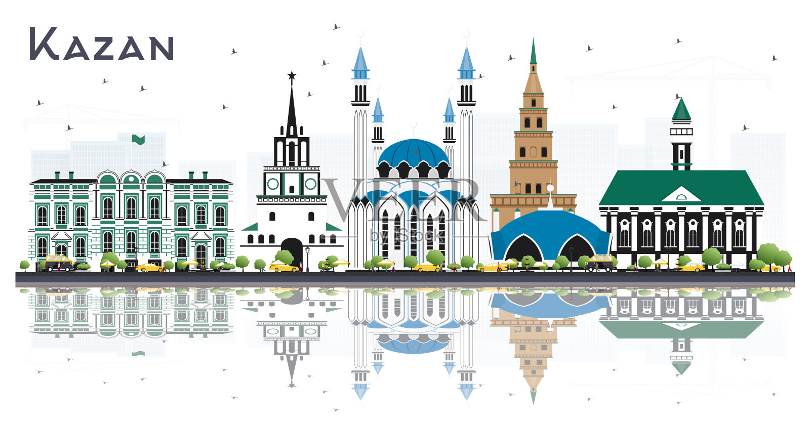 喀山俄罗斯城市天际线与彩色建筑插画图片素材