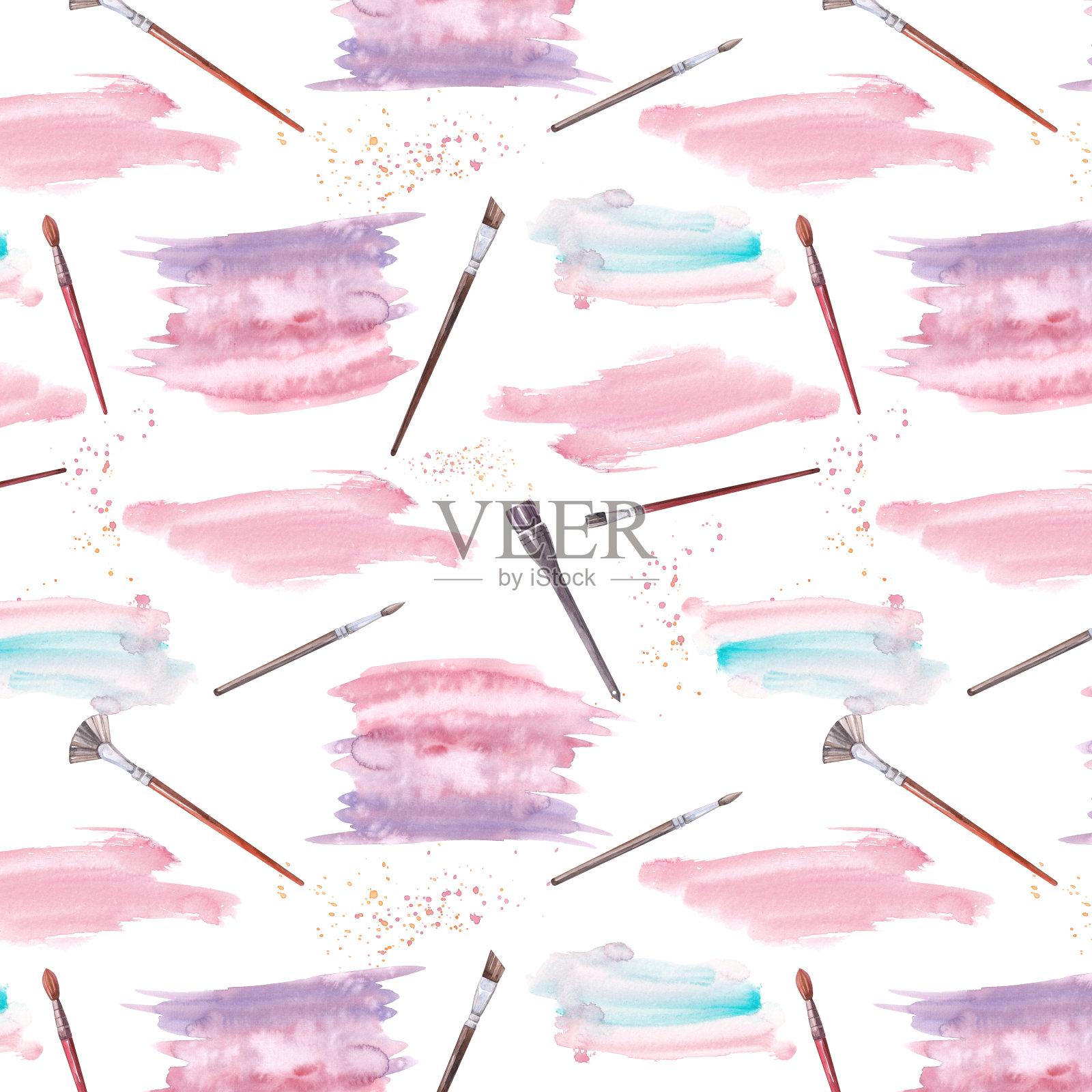 图案与水彩油漆笔触，艺术刷子和溅在白色的背景。插画图片素材