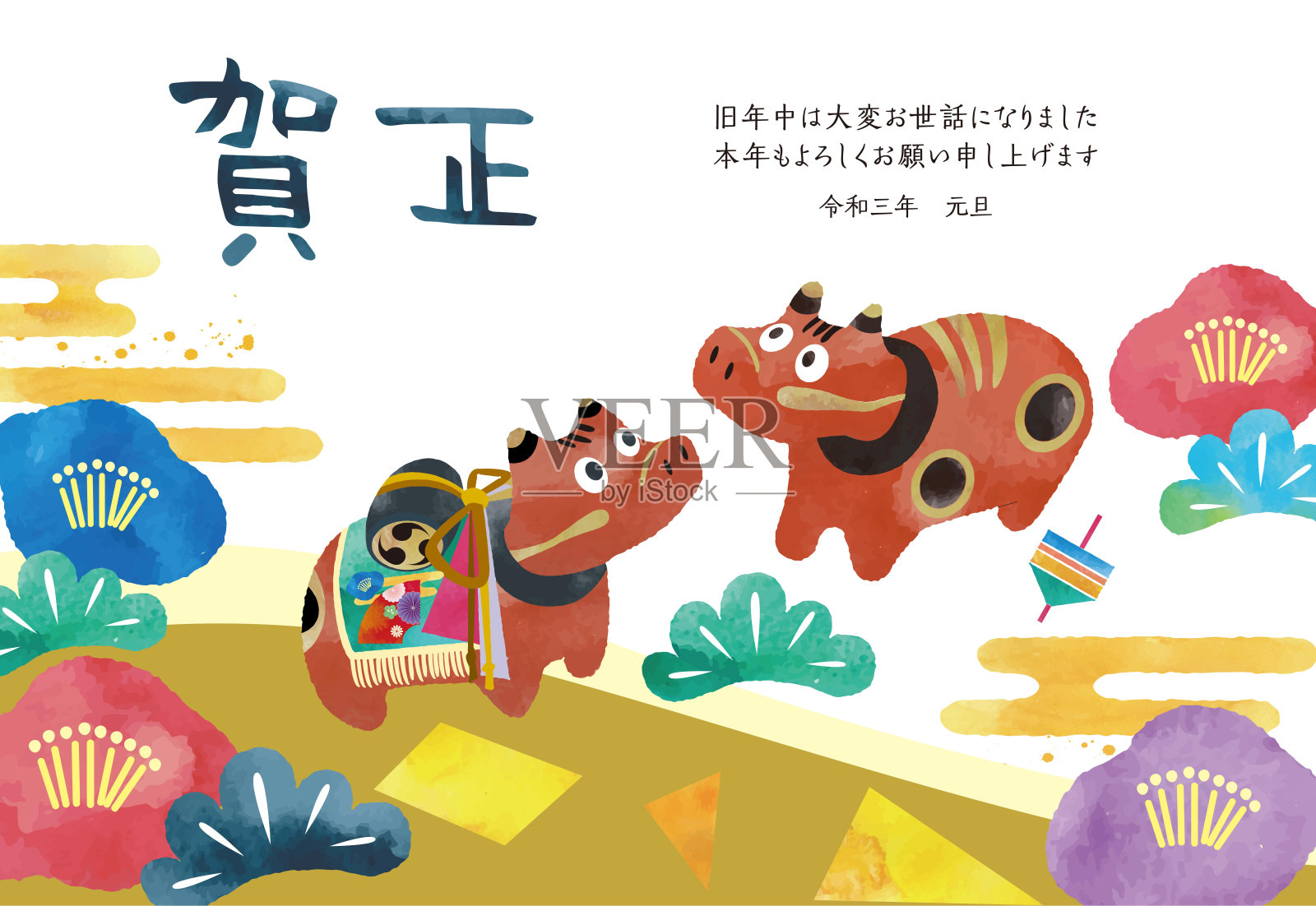 日本新年卡片模板。/新年快乐。/谢谢你去年的好意。我也期待着今年与你们一起工作。元旦。插画图片素材