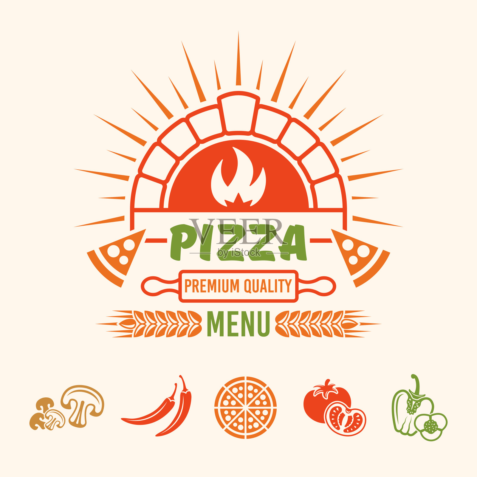 比萨菜单矢量彩色标志，标签，砖炉和餐厅菜单设计元素插画图片素材