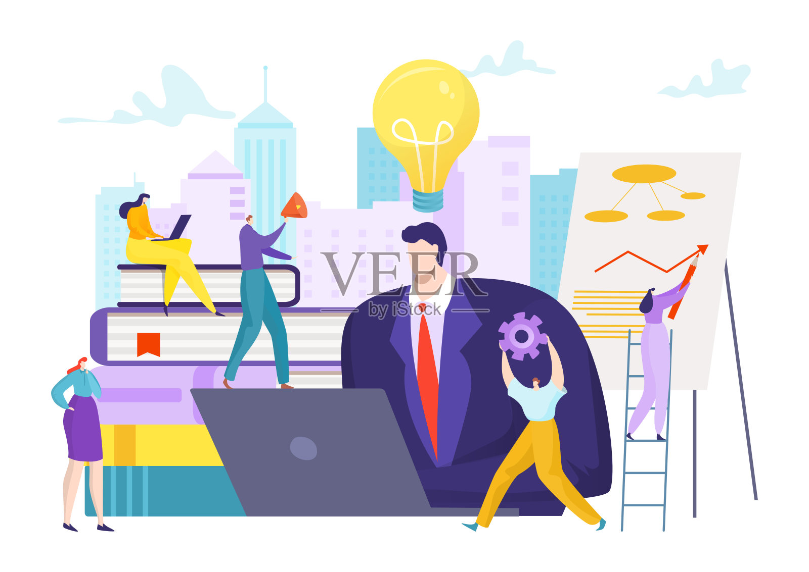 商业领袖与团队合作，矢量插图。创意的商人理念和办公室人物卡通团队人物设计。插画图片素材