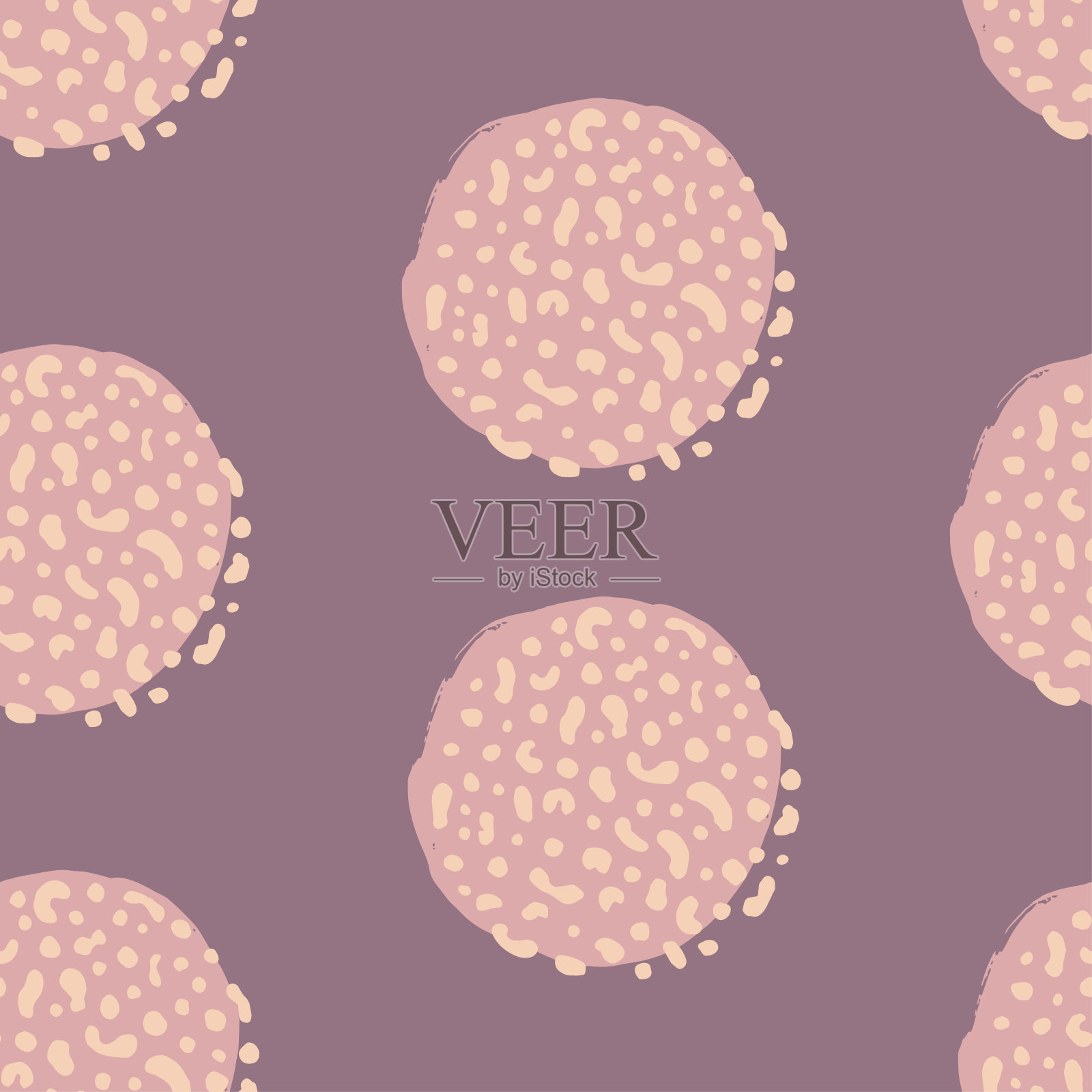 无缝图案与粉红色抽象的圆圈在紫罗兰的背景。矢量设计的纺织品，背景，衣服，包装纸，网站和墙纸。时尚插画无缝图案。插画图片素材