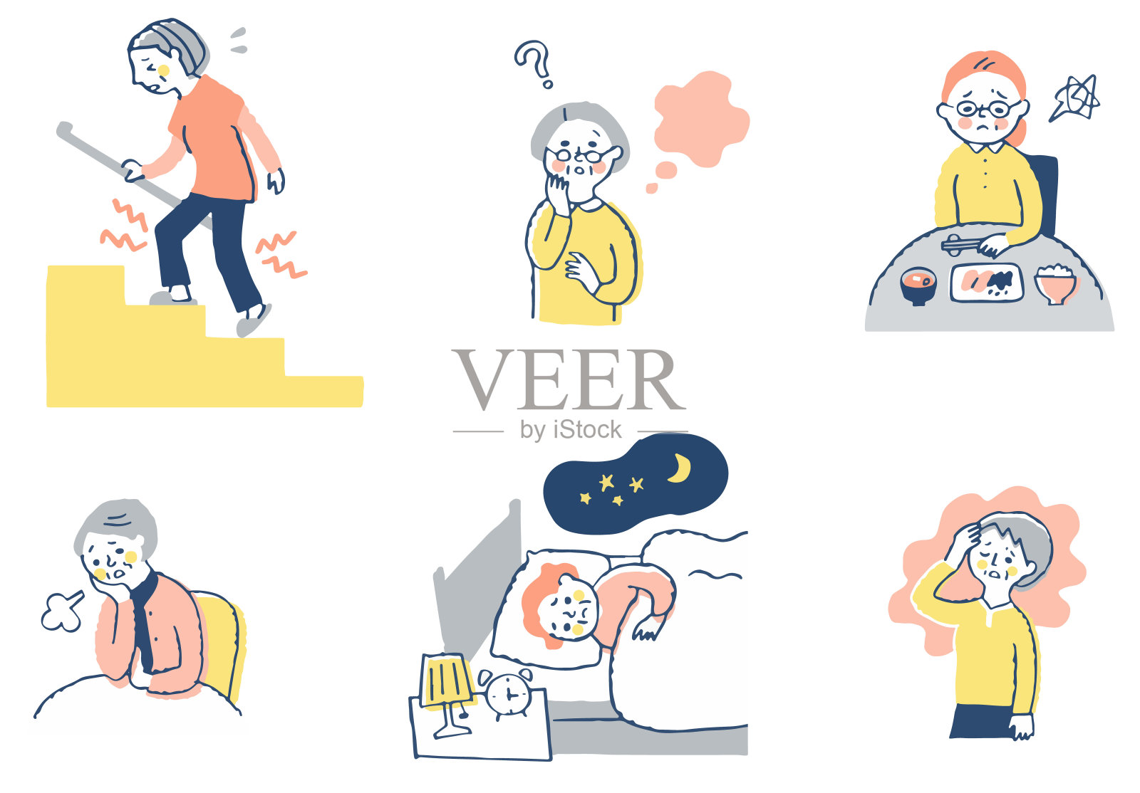 一系列的老年疾病和症状插画图片素材