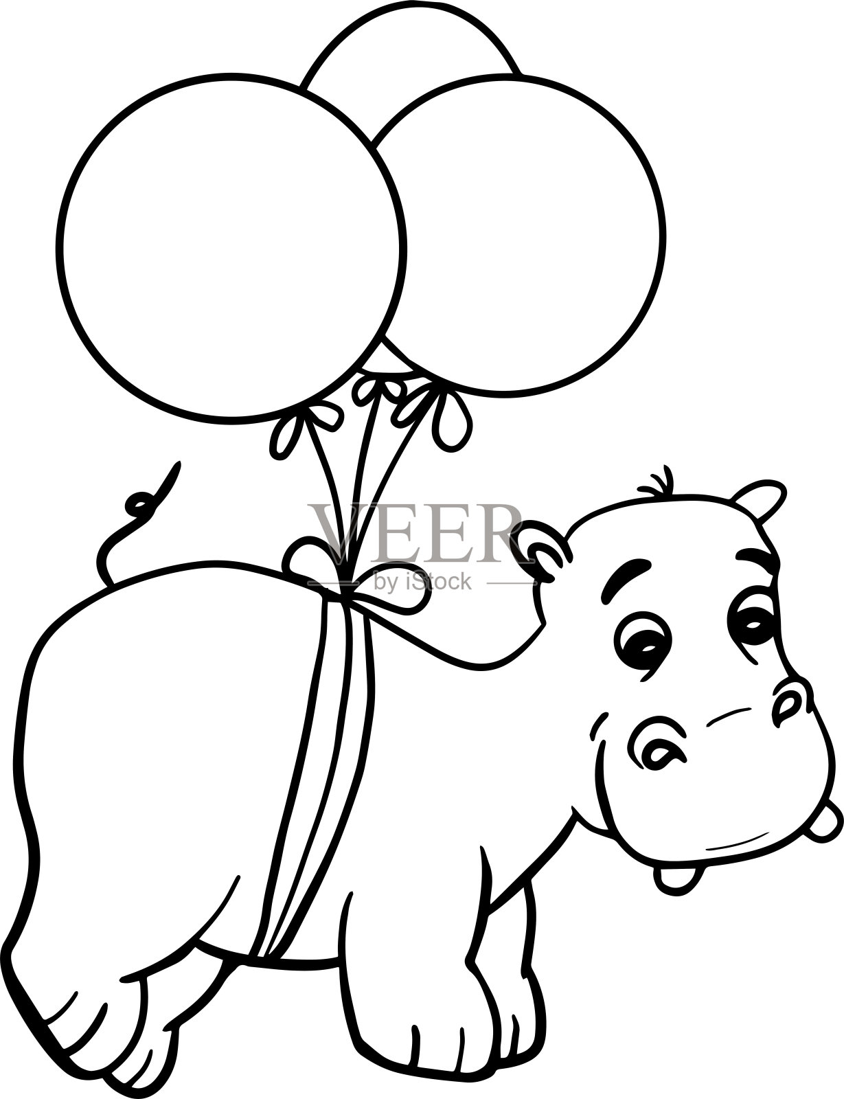 可爱的小河马。向量卡通河马在气球上飞行。彩色书河马，非洲，草原动物。可用于t恤印花、童装、婴儿送礼会、托儿所。插画图片素材