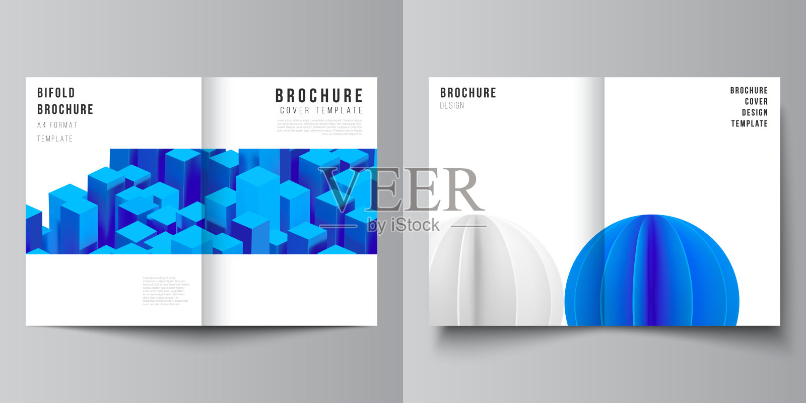 矢量布局的两个A4封面模型模板双折宣传册，传单，杂志，封面设计，书籍设计。三维渲染矢量合成动态逼真的几何蓝色形状在运动。设计模板素材