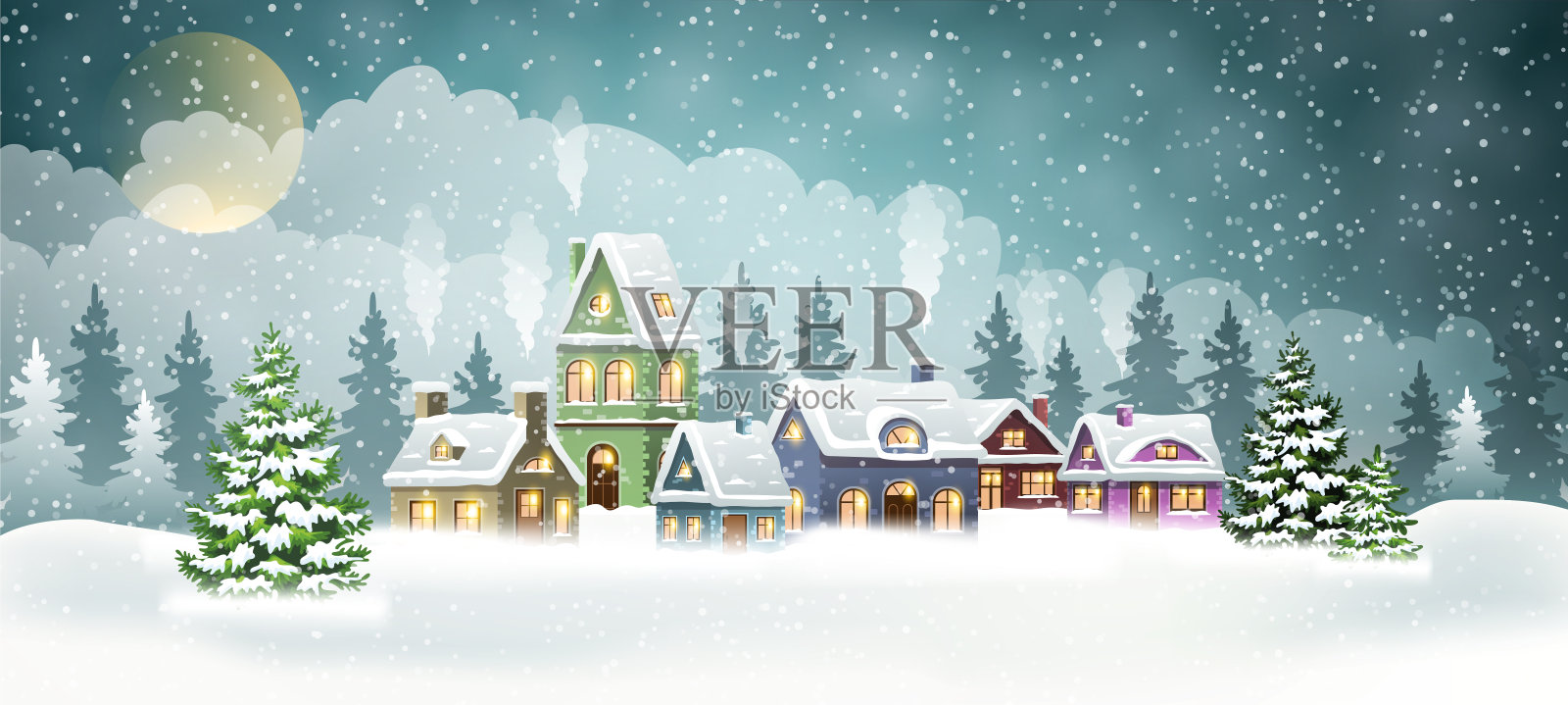 圣诞冬村场景插画图片素材